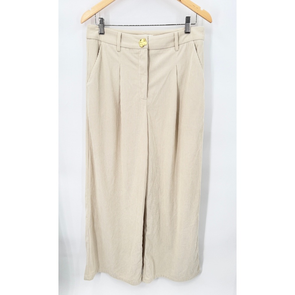 Commense Pants Womens L Beige Corduroy Wide Leg High Waist Gold Button Pleated